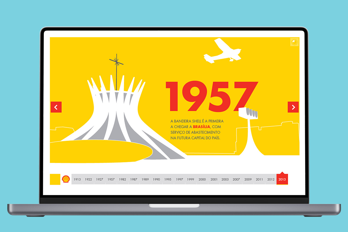 Macbook showcasing an illustrated interactive infographic celebrating Shell Brazil's 100 years of operations in the country.
