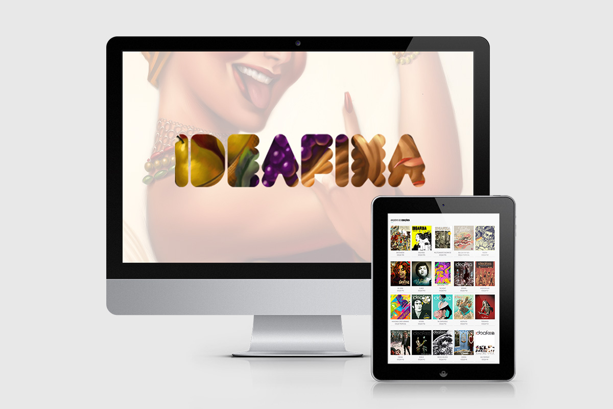 A montage of an iMac and an iPad showcasing Ideafixa's brading and digital magazine interface.