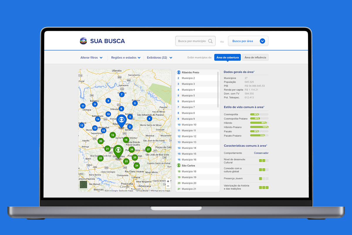 Computer showcasing a product interface of a search system enriched with data for Rede Globo.