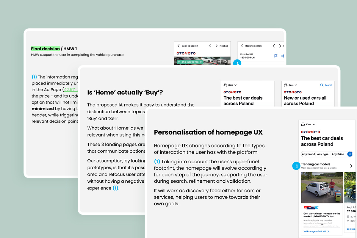 Montage of three presentation slides showcasing an argumentation for design decisions that aim to improve OLX Motors' product.