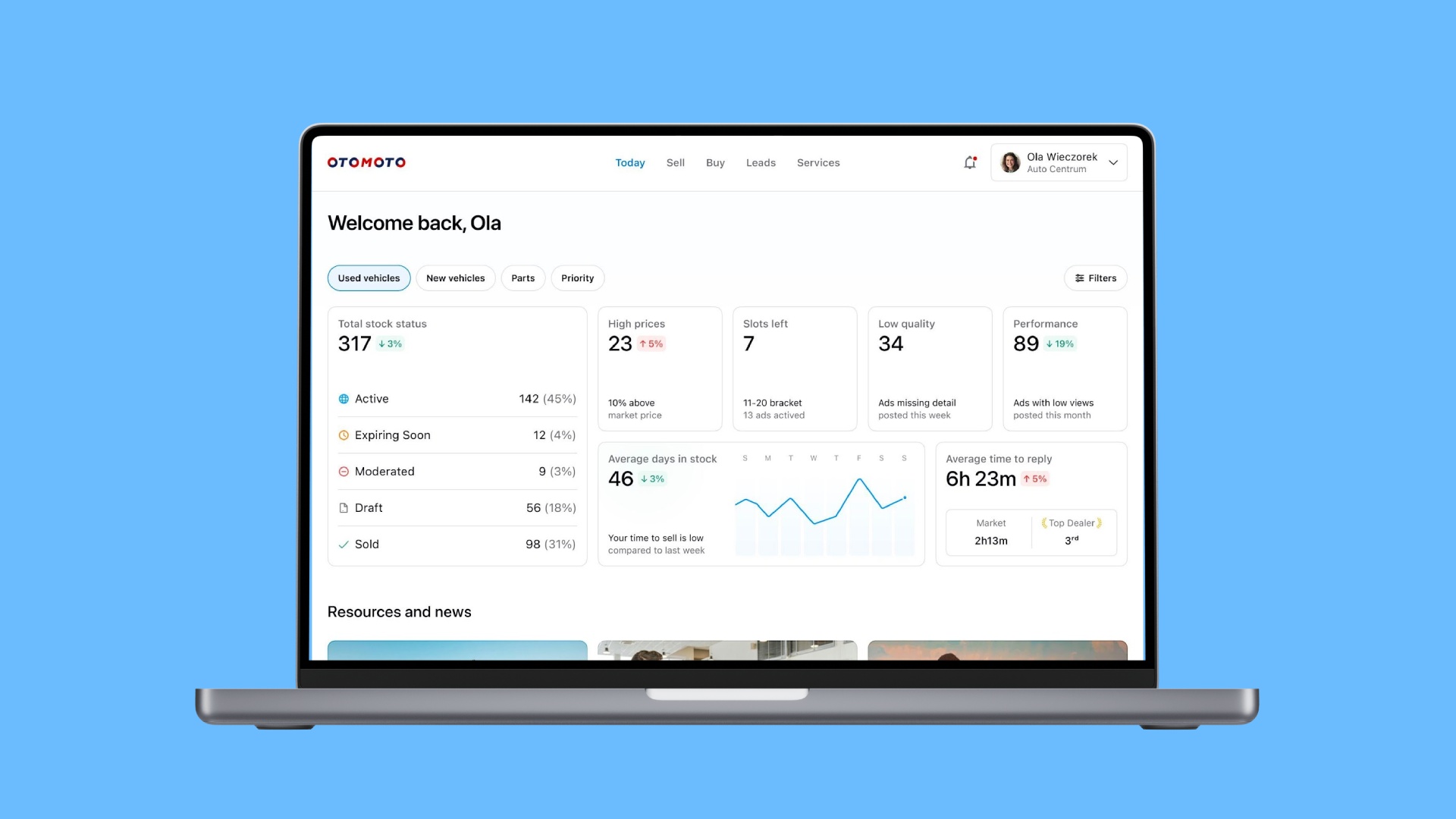 A macbook showing a desktop screen of and autos marketplace's seller dashboard.