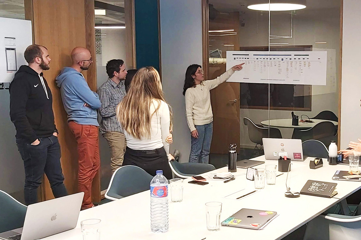 A woman present a UX journey map to a team of 4 other people watching.